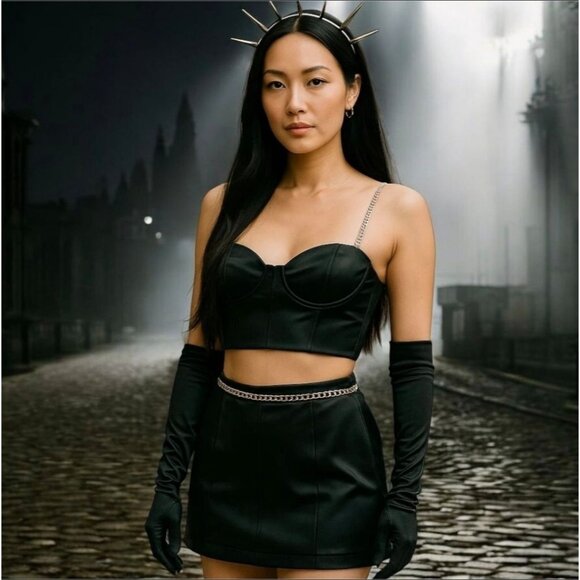 Midnight Black Satin Chain Strap Crop Top & Mini Skirt Set w/ Gloves M - Picture 5 of 9